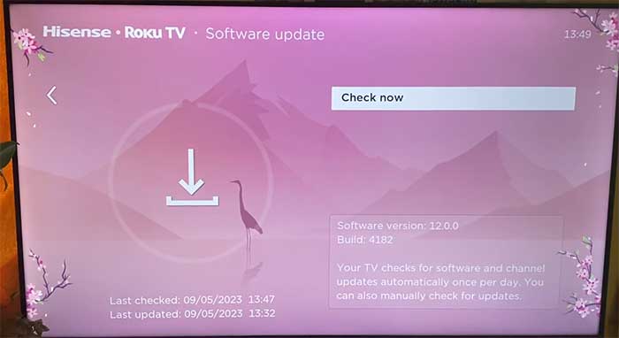 How to Update a Roku TV (Wi-Fi and USB Methods) 1 Roku System update screen showing the current software version and the Check now button