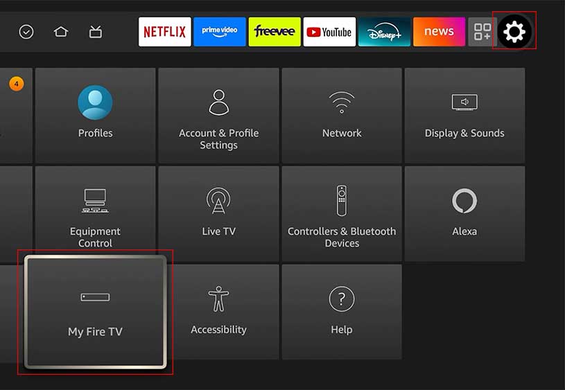 Fire TV Settings menu with My Fire TV highlighted