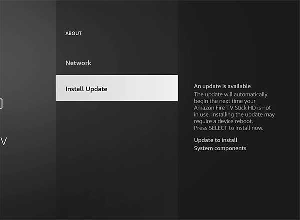 Fire TV About screen showing the current Fire OS version and the Check for Updates button